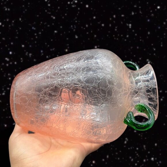 Pink Crackled Art Glass Vase with Applied Green Handles Textured Surface 8”T 3”W - Picture 4 of 13